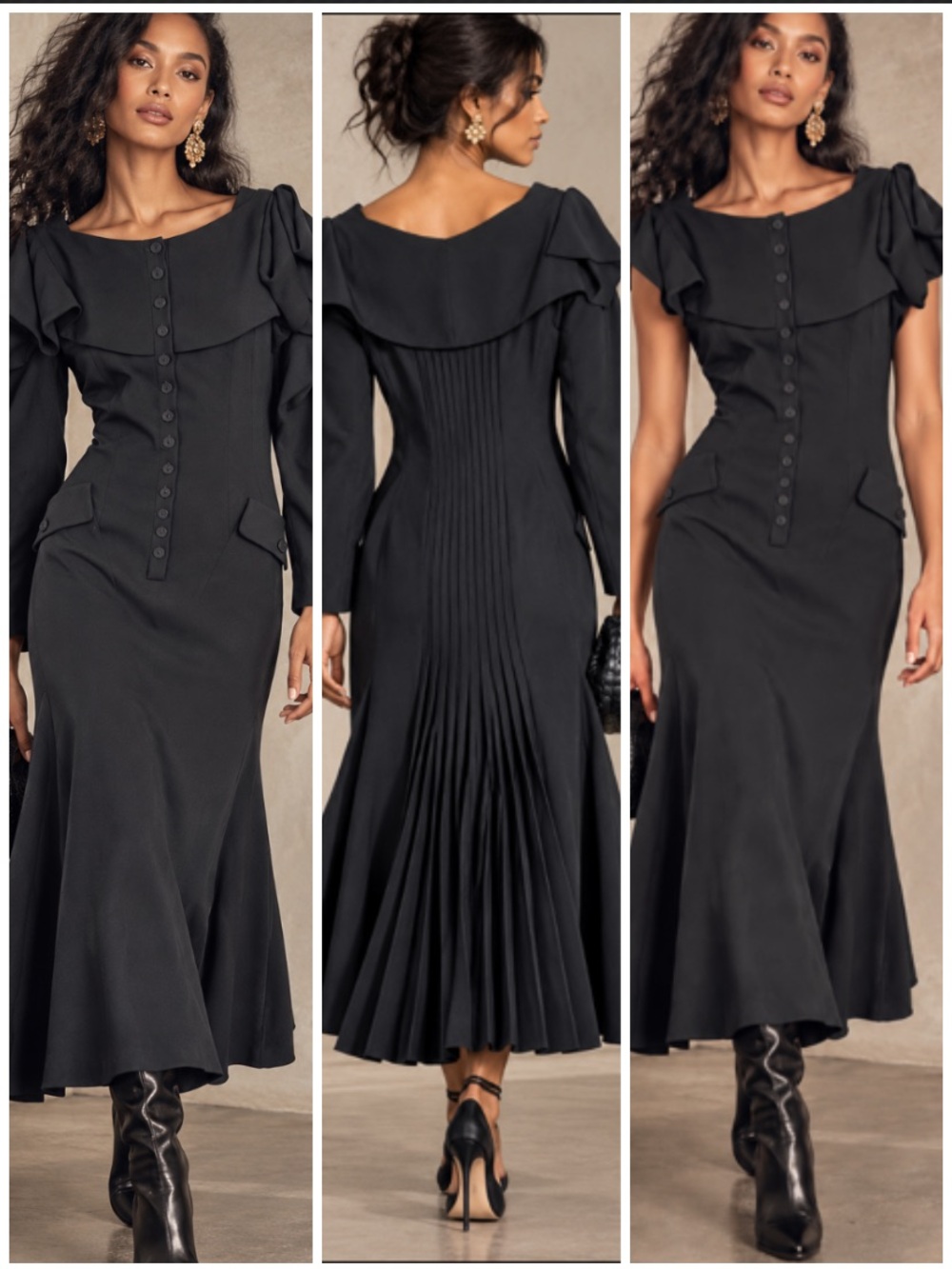 Byron Lars Tailored Midi Dress Architectural Collar Pleated Back Size 2 XS Black